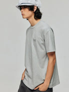 SIMPLE PROJECT Inverted Silver Logo Crewneck T Shirt in Gray - On Male Model