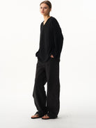 BLINDNOPLAN Leather Spliced Straight Leg Pants in Black - On Female Model