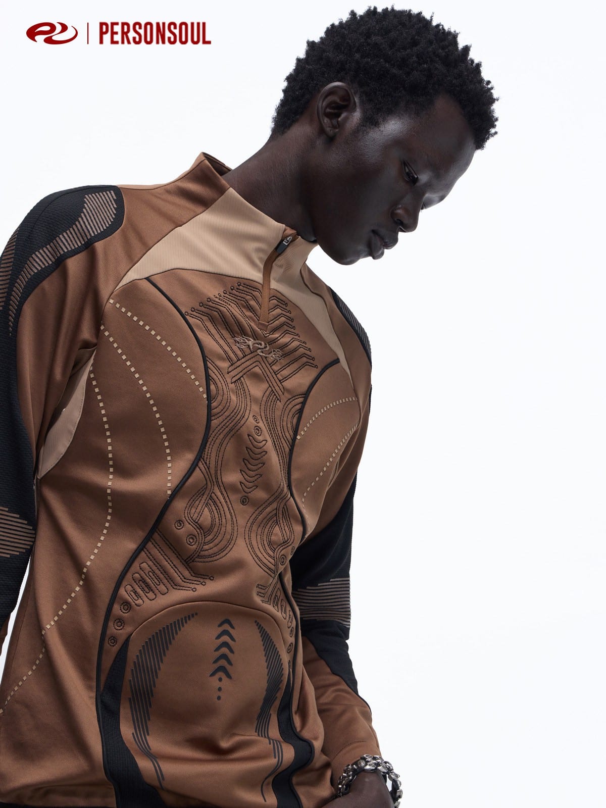 PERSONSOUL Color Block Quarter Zip Sports Top in Brown - On Male Model