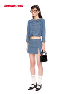 SHUSHUTONG Round Collar Cropped Denim Jacket in Blue - On Female Model