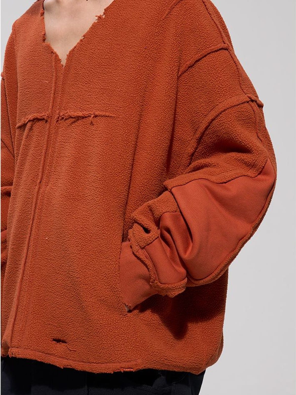 D5ove Distressed V Neck Fleece Sweatshirt in Orange - On Male Model