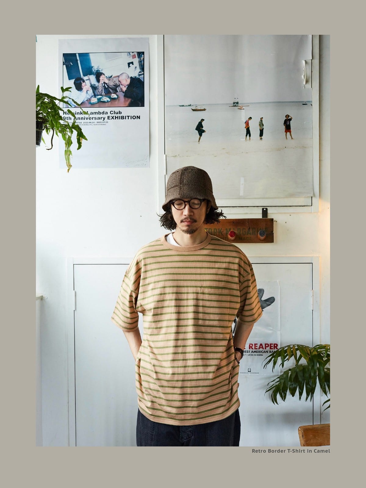 USAGE Retro Striped Cotton T Shirt in Pink - On Male Model