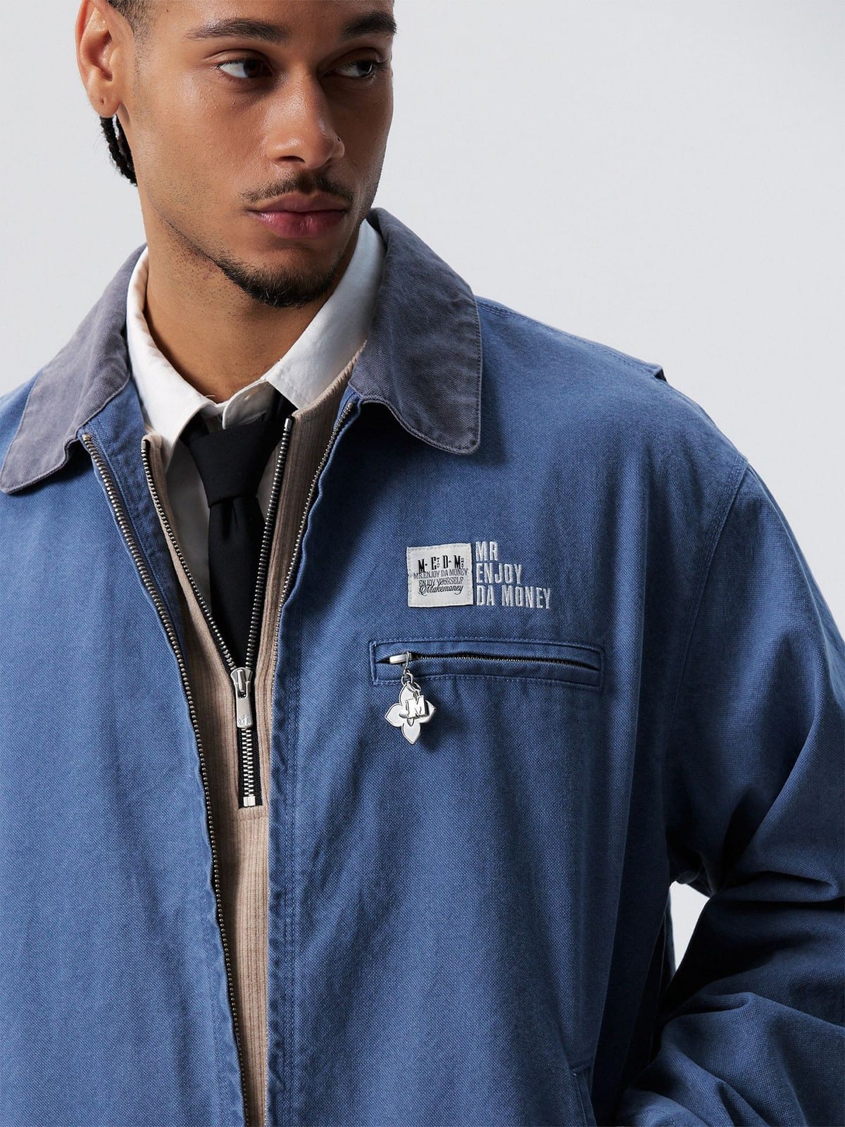 MEDM Washed Cotton Detroit Zip Up Jacket in Blue - On Male Model