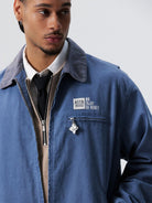 MEDM Washed Cotton Detroit Zip Up Jacket in Blue - On Male Model