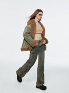 Amee Faux Fur Patchwork Denim Jacket in Denim - On Female Model