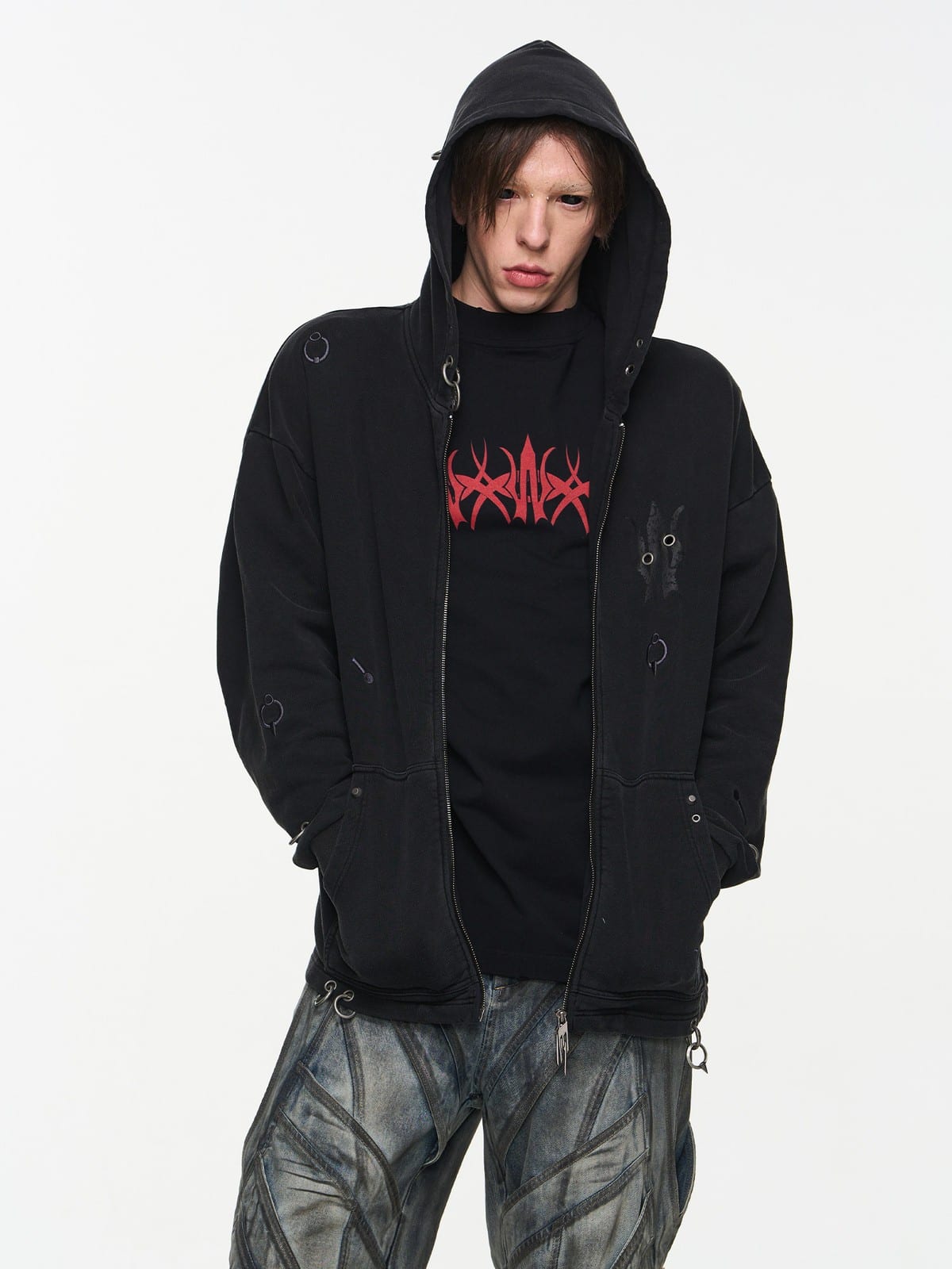 BLINDNOPLAN Washed Distressed Graphic Zip Hoodie in Black - On Male Model