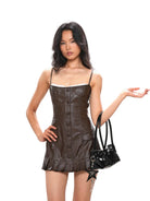 SweetChilling Glossy Faux Leather Slip Dress in Brown - On Female Model
