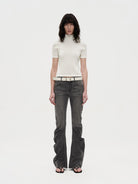 RARELY ALIKE 3D Cut Curved Flared Jeans in Gray - On Female Model