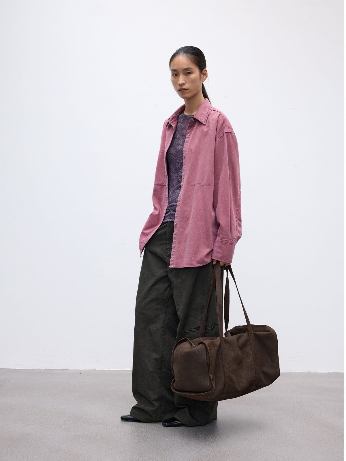 Random Piece Vintage Washed Cotton Blend Shirt in Pink - On Female Model