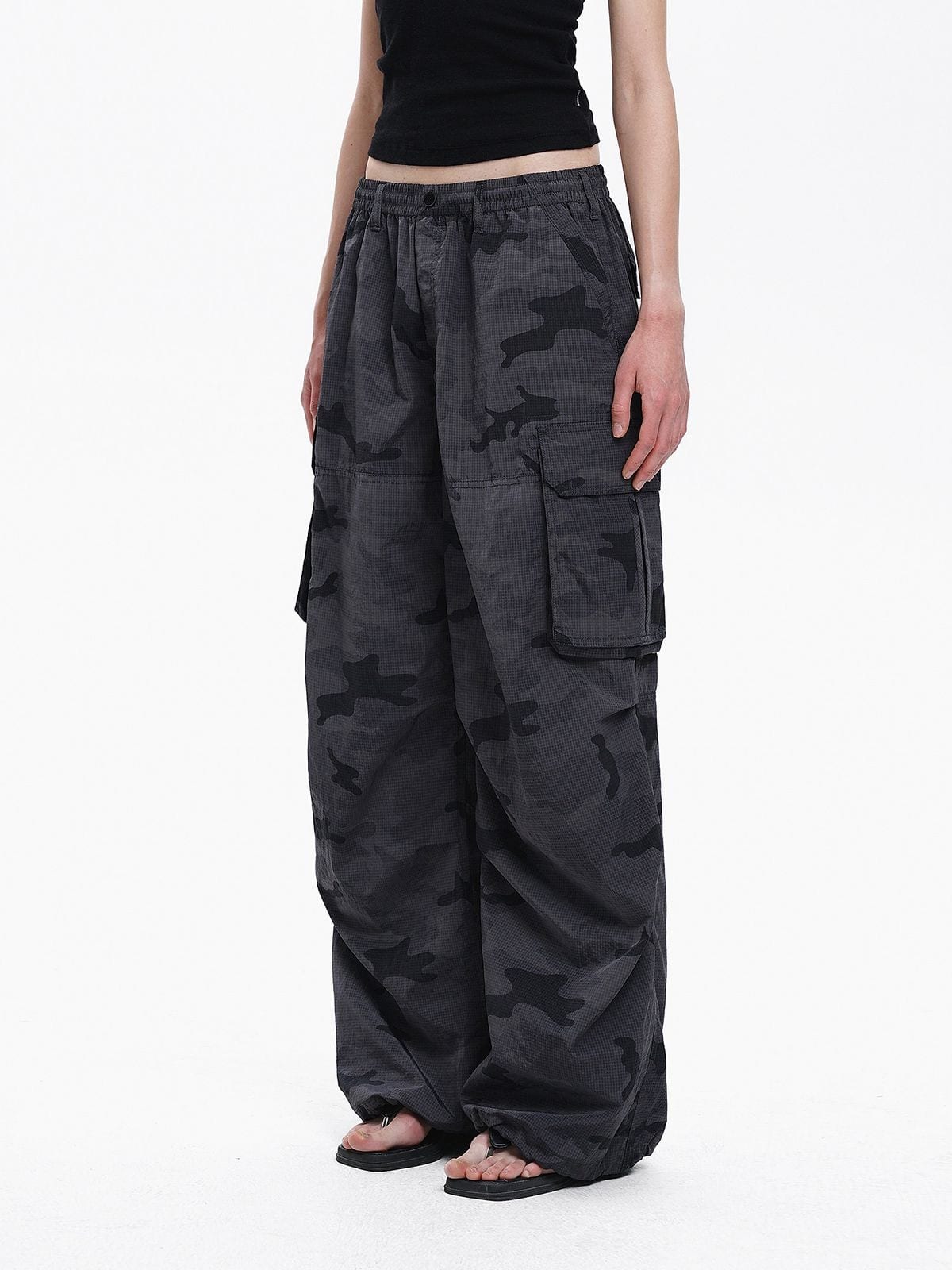 MASONPRINCE Camo Nylon Cargo Parachute Pants in Gray - On Female Model