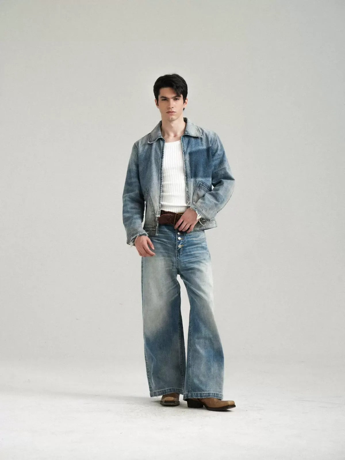 Retro 21 Gradient Distressed Denim Zip Jacket in Blue - On Male Model