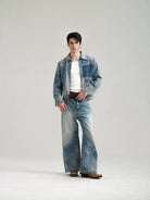 Retro 21 Gradient Distressed Denim Zip Jacket in Blue - On Male Model