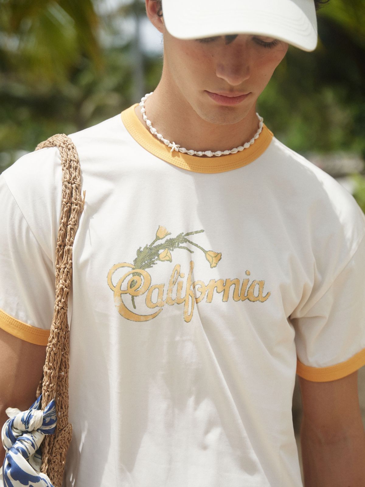 Retro 21 California Graphic Ringer T Shirt in Cream - On Male Model