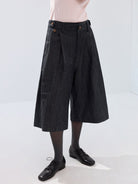 SIMPLE PROJECT Ramie Blend Selvedge Denim Cropped Shorts in Blue - On Model