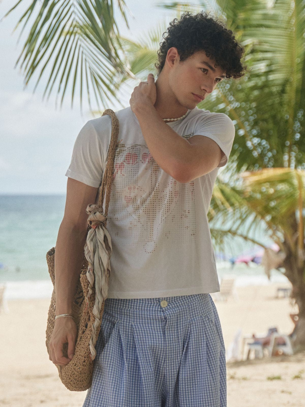Retro 21 Island Heart Digital Print T Shirt in White - On Male Model