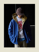 USAGE Cotton Nylon Hooded Mountain Parka in Blue - On Male Model