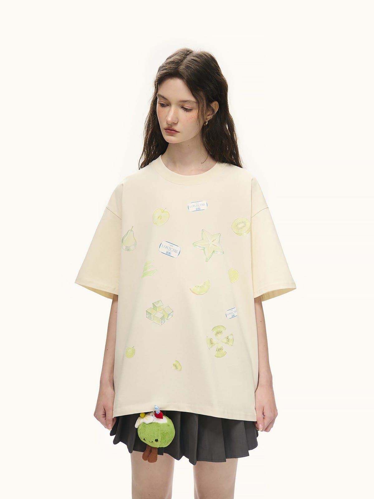 LOSTCTRL Jelly Fruit Print Crewneck T Shirt in Orange - On Female Model