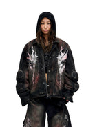 PERSONSOUL Gradient Paneled Denim Moto Jacket in Gray - On Female Model