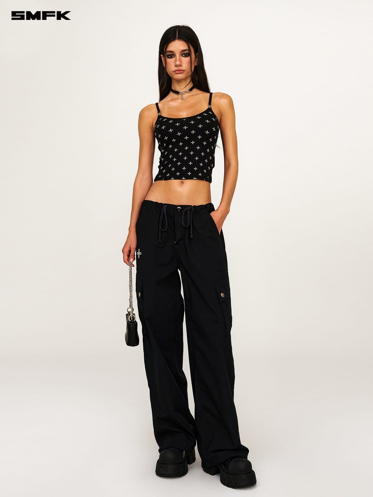 SMFK Wide Leg Parachute Cargo Pants in Black - On Female Model