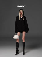SMFK Cotton Wool Blend Drawstring Shorts in Black - On Female Model