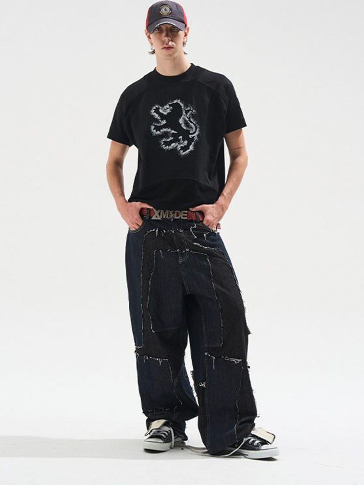 BLINDNOPLAN Sorona Panelled Graphic T Shirt in Black - On Male Model