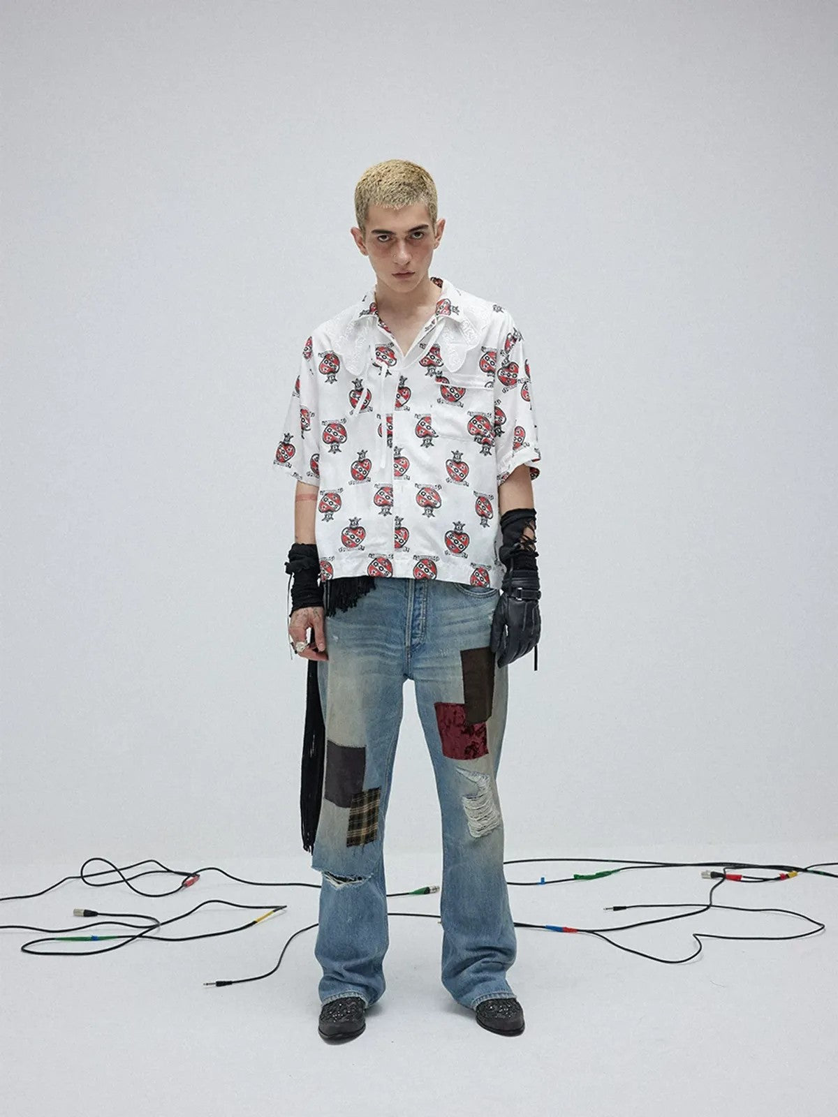 SOD Co. Patchwork Velvet Plaid Flare Jeans in Blue - On Male Model