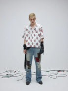 SOD Co. Patchwork Velvet Plaid Flare Jeans in Blue - On Male Model