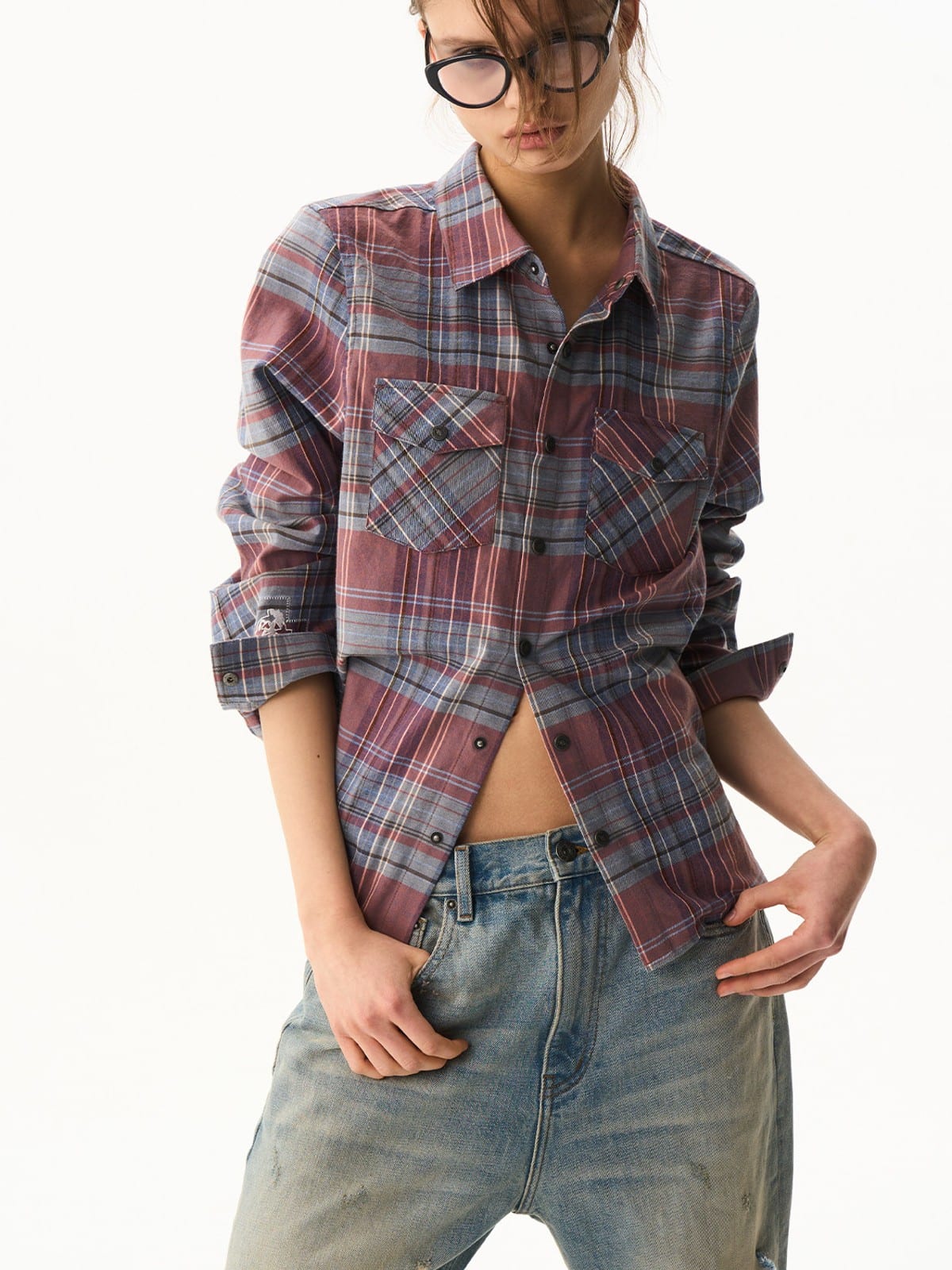 BLINDNOPLAN Cropped Plaid Button Down Shirt in Blue - On Female Model