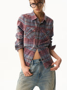 BLINDNOPLAN Cropped Plaid Button Down Shirt in Blue - On Female Model