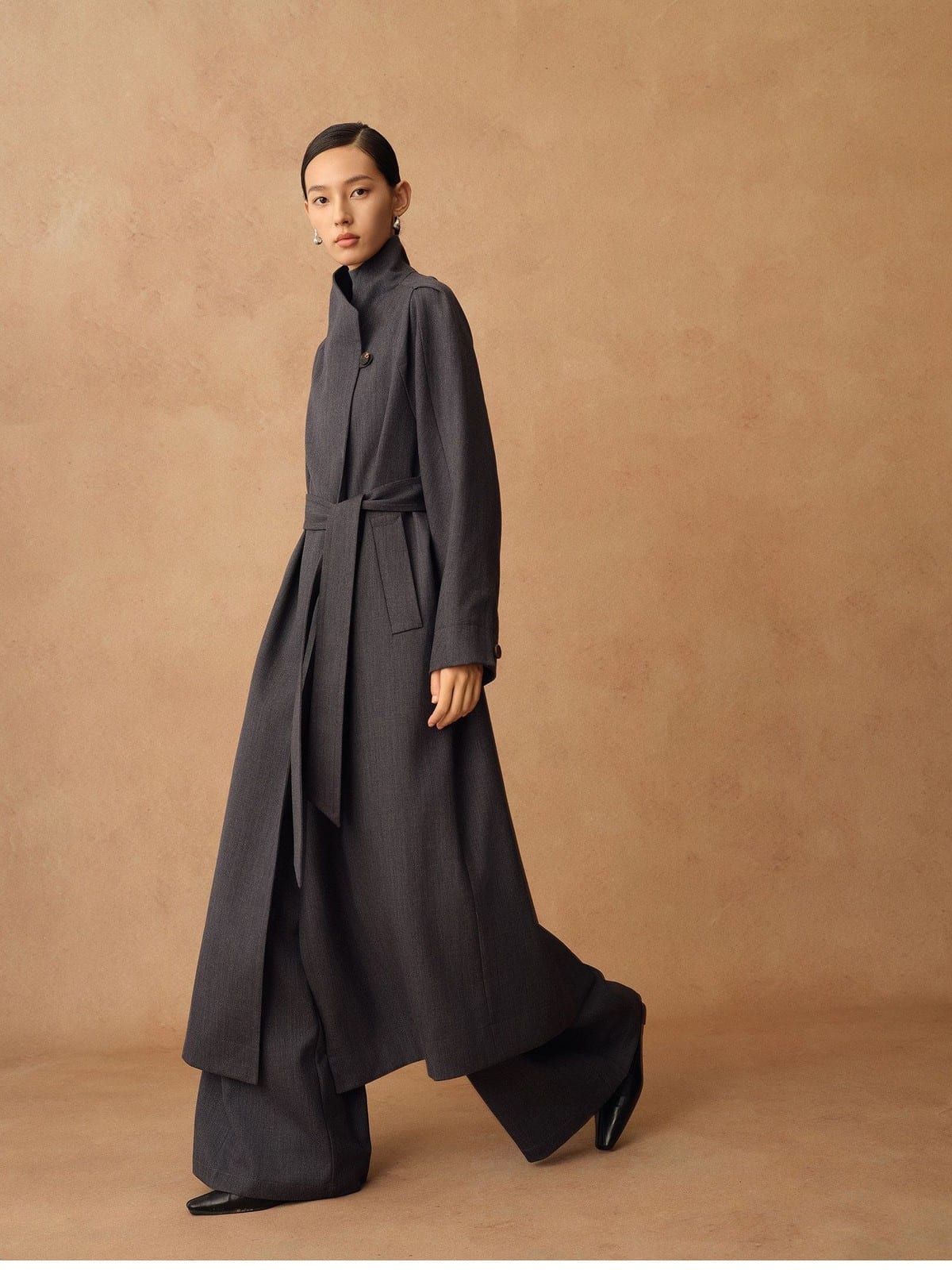 TEASEL Textured Wool Belted Trench Coat in Gray - On Female Model