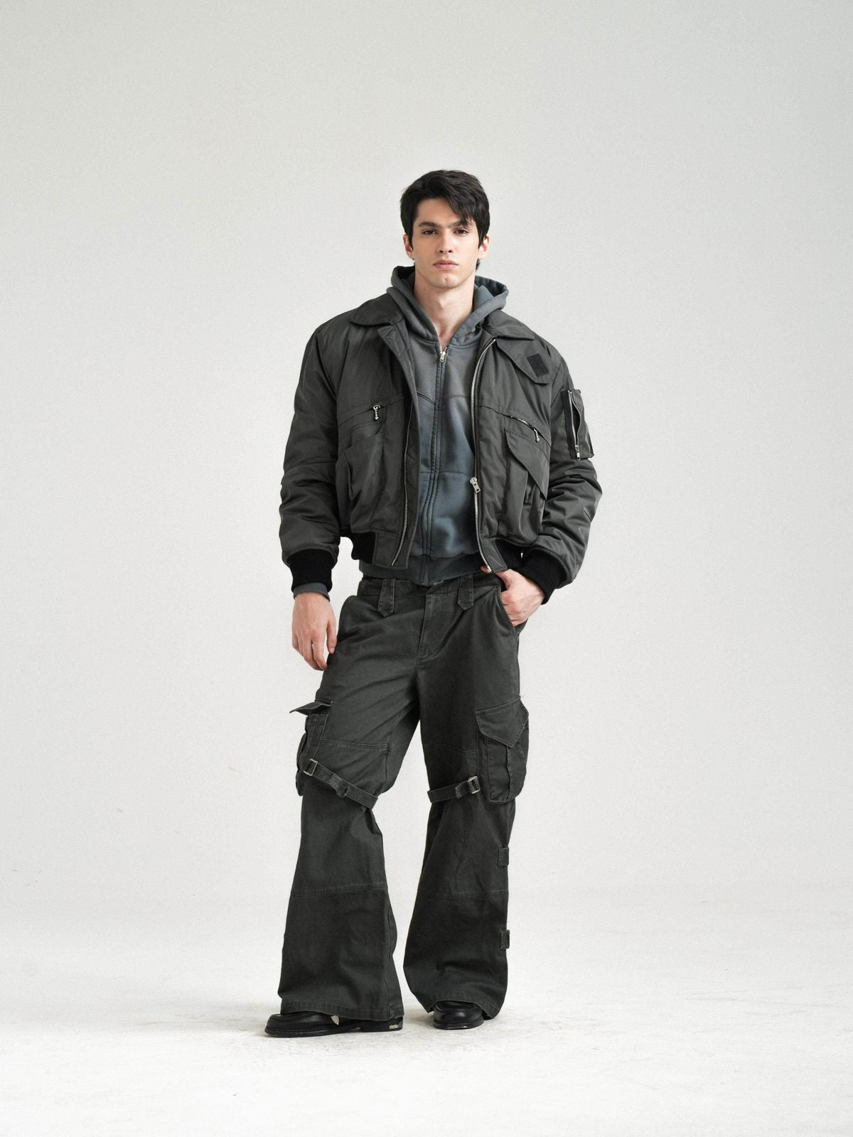 Retro 21 Multi Pocket Thinsulate Bomber in Green - On Male Model