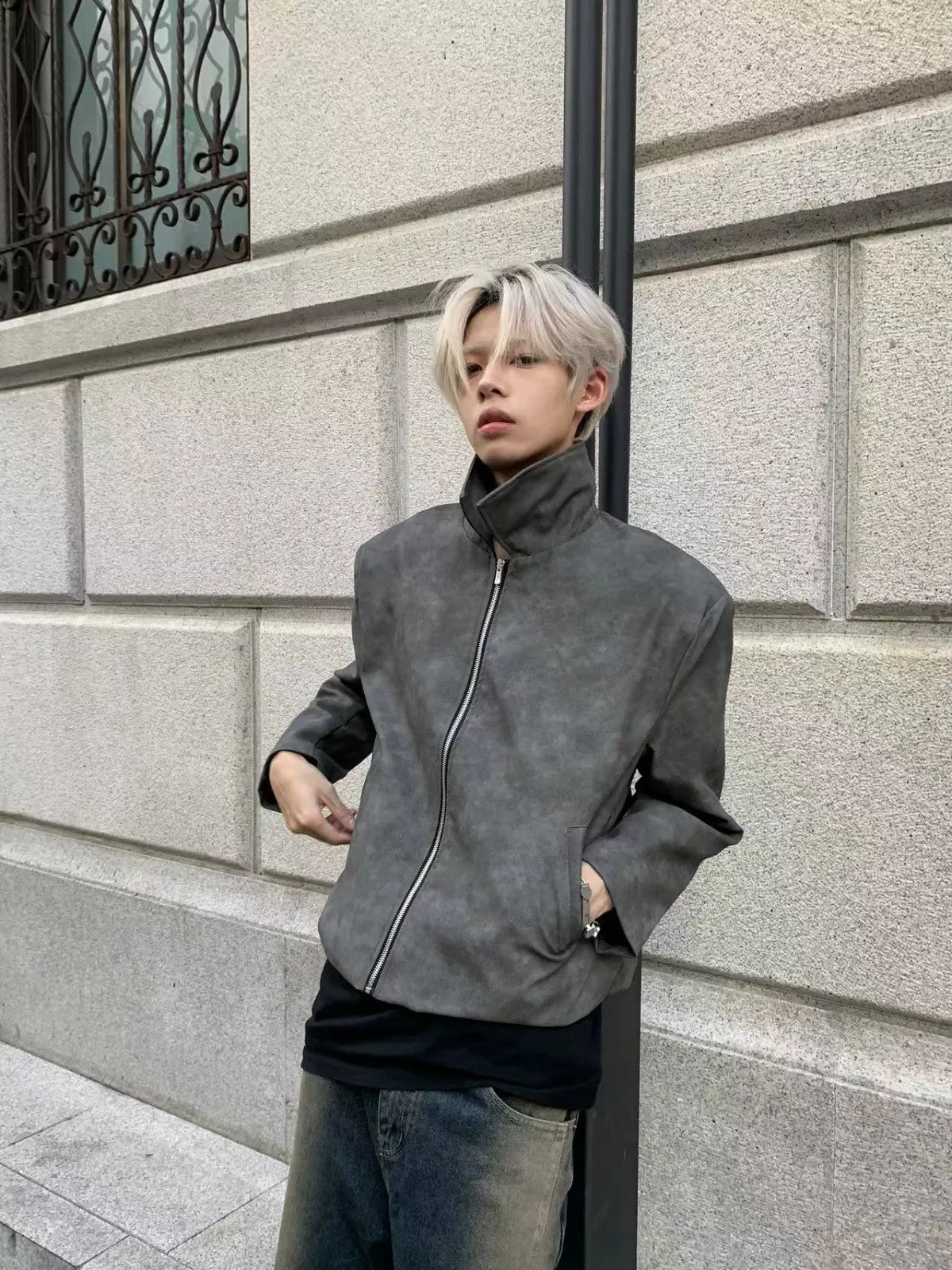 Y OFFICIAL Cropped Matte Faux Leather Jacket in Gray - On Male Model