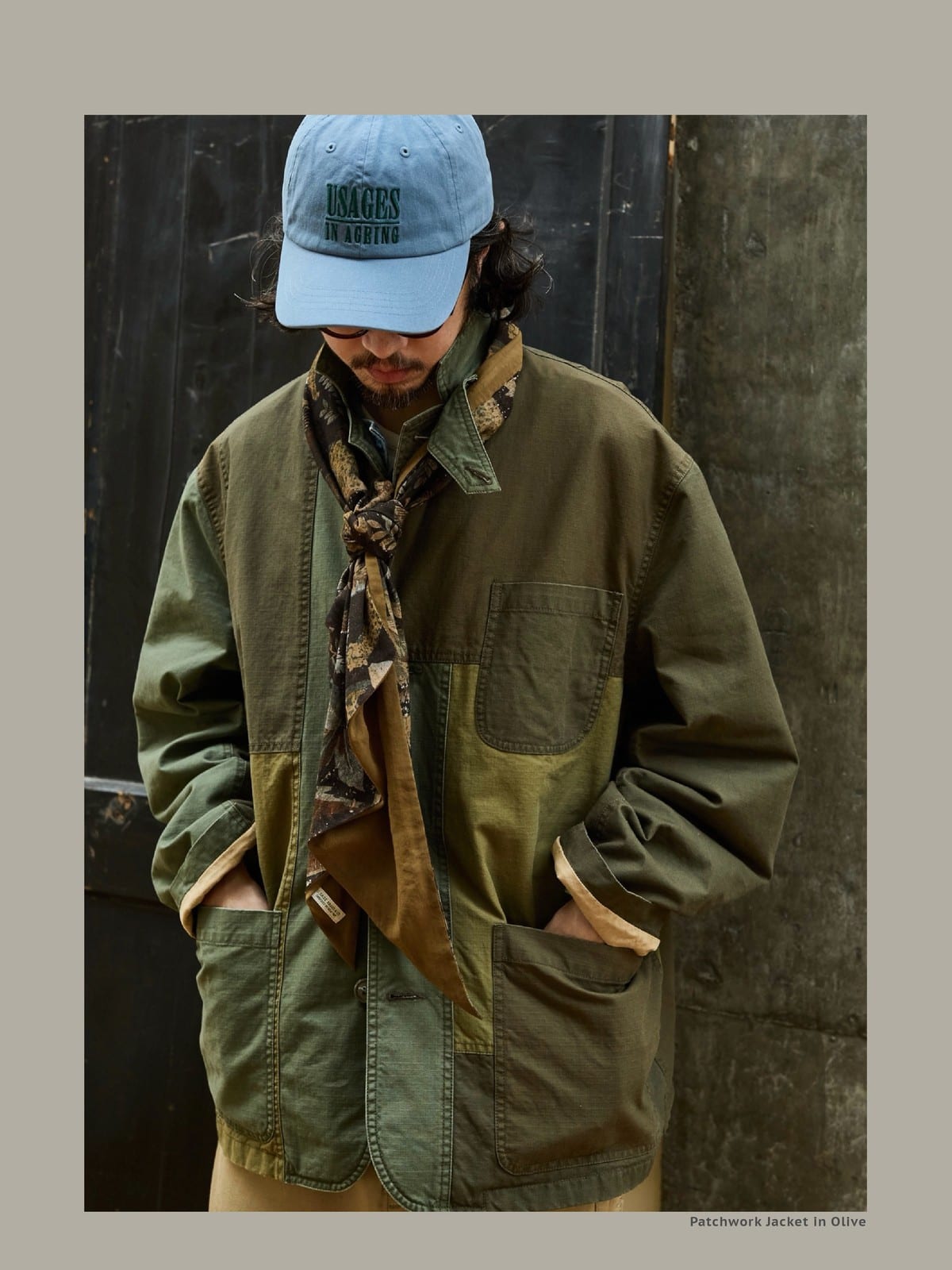 USAGE Cotton Ripstop Patchwork Blazer in Green - On Male Model