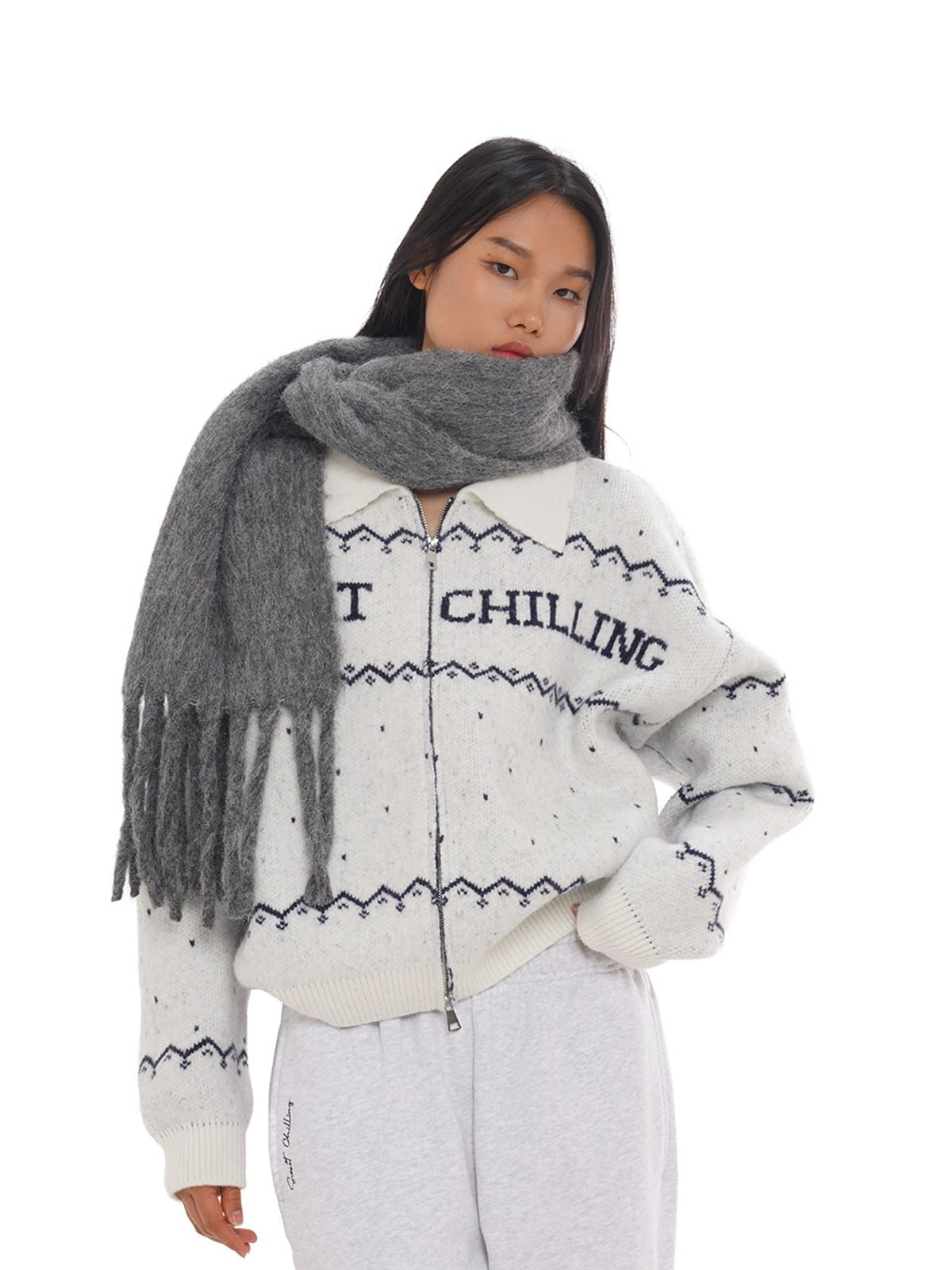 SweetChilling Fair Isle Zip Up Knit Jacket in White - On Female Model