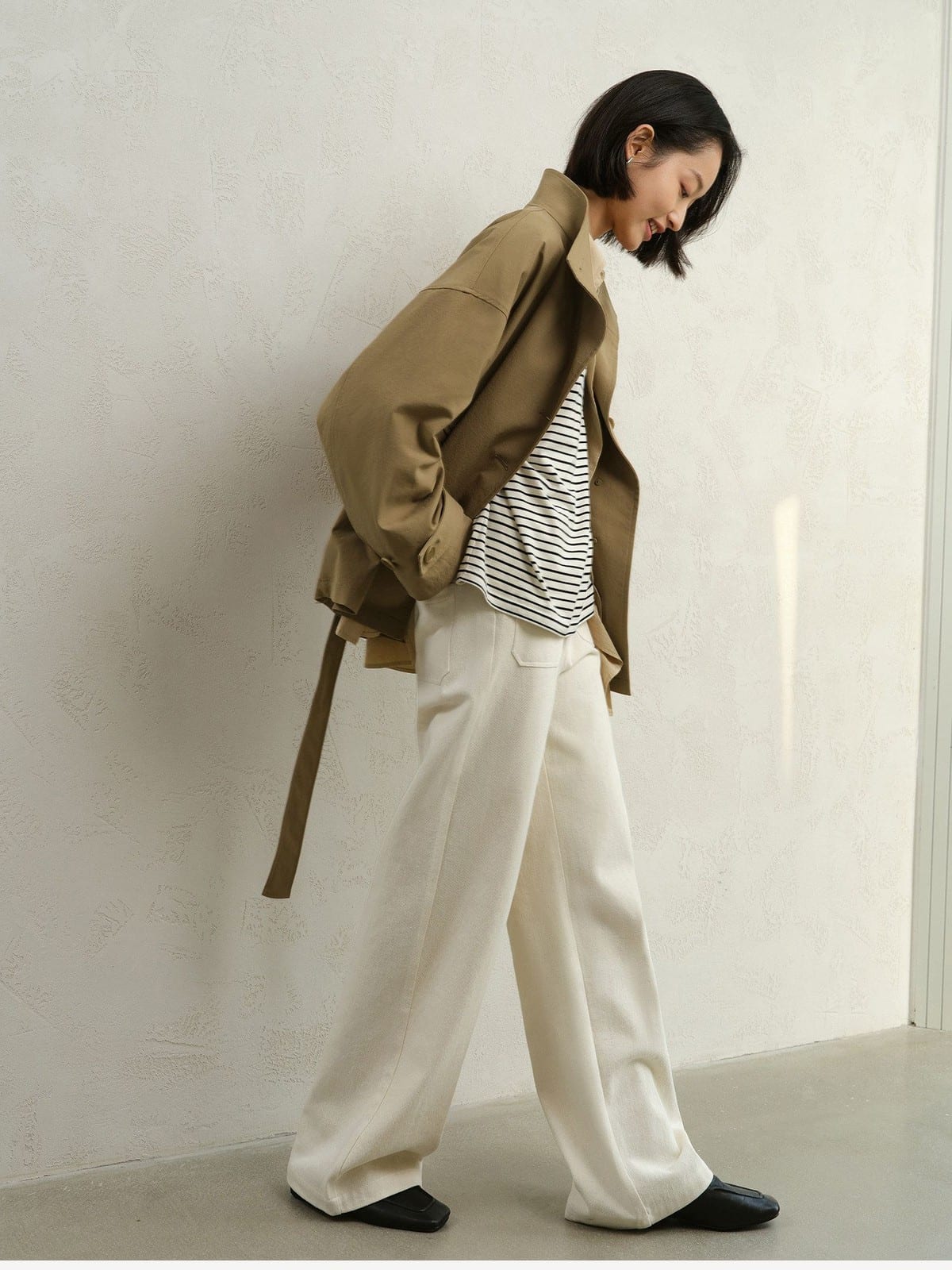 TEASEL Short Stand Collar Trench Coat in Khaki - On Female Model