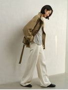 TEASEL Short Stand Collar Trench Coat in Khaki - On Female Model