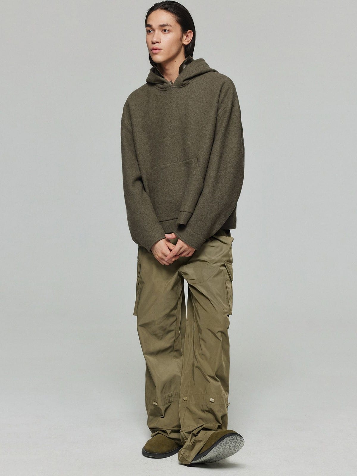 SIMPLE PROJECT Pure Wool Pullover Hoodie in Khaki - On Male Model