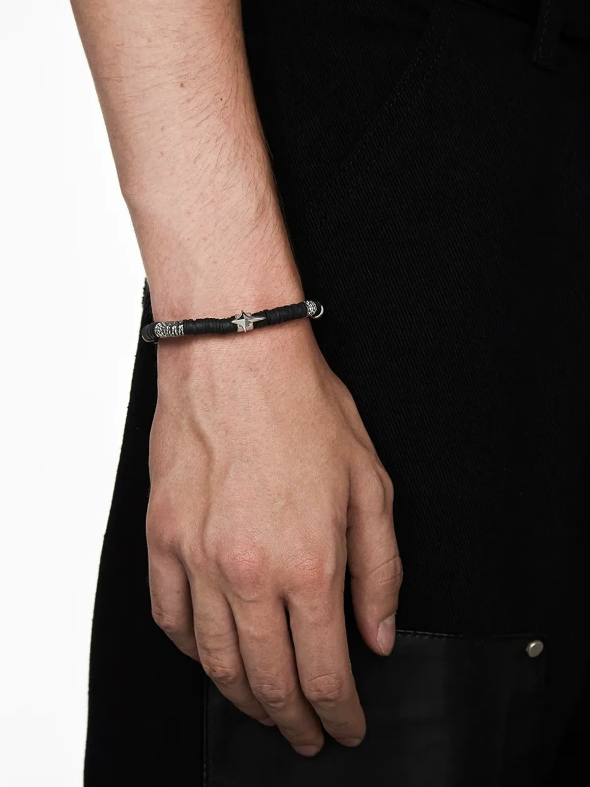 BLACKHEAD Star Pendant Chain Bead Bracelet in Black - On Model