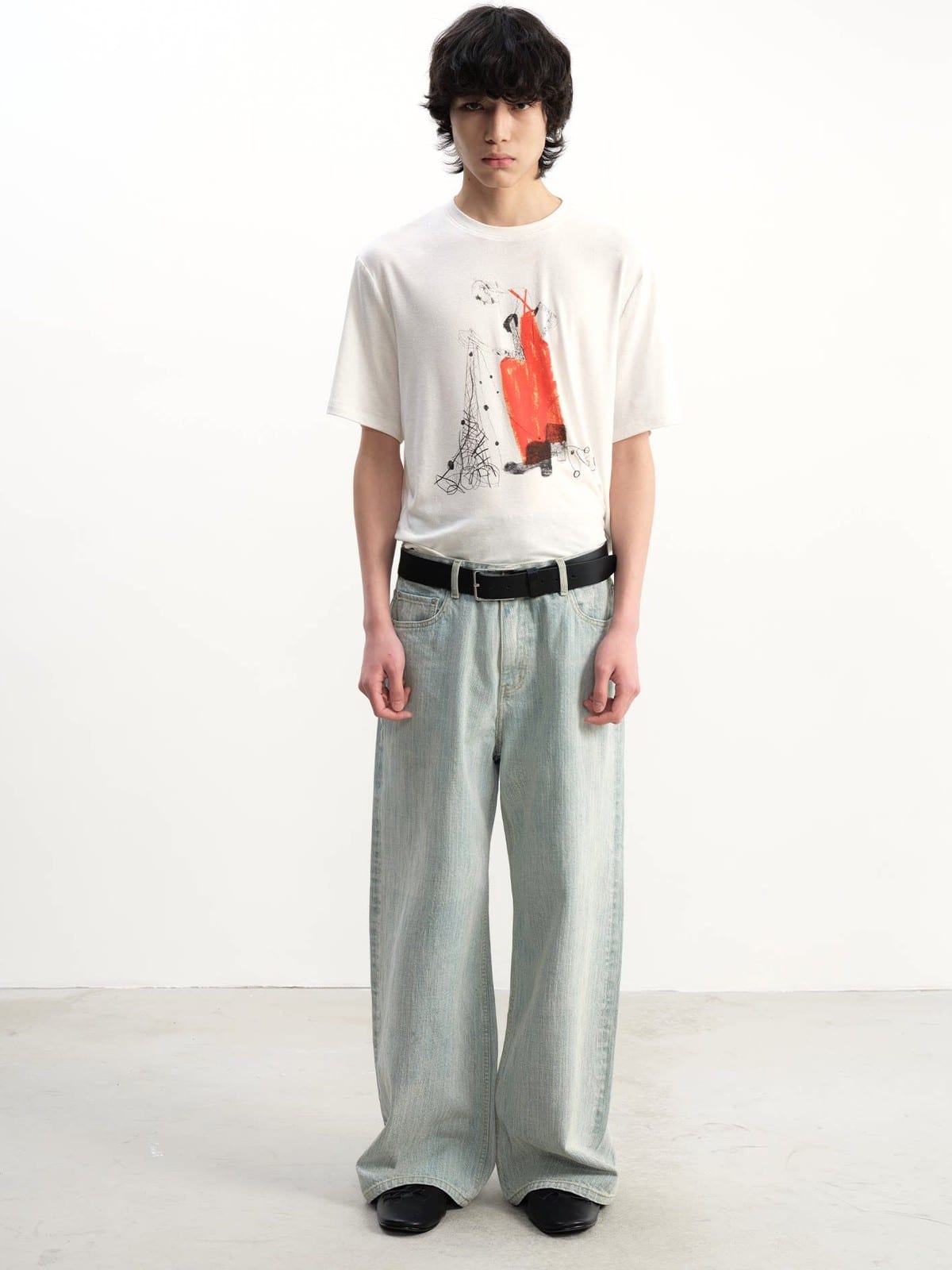 JCAESAR STUDIO Fisherman Print Tencel Wool T Shirt in White - On Male Model