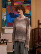 Retro 21 Gradient Open Knit Wool Blend Sweater in Beige - On Male Model