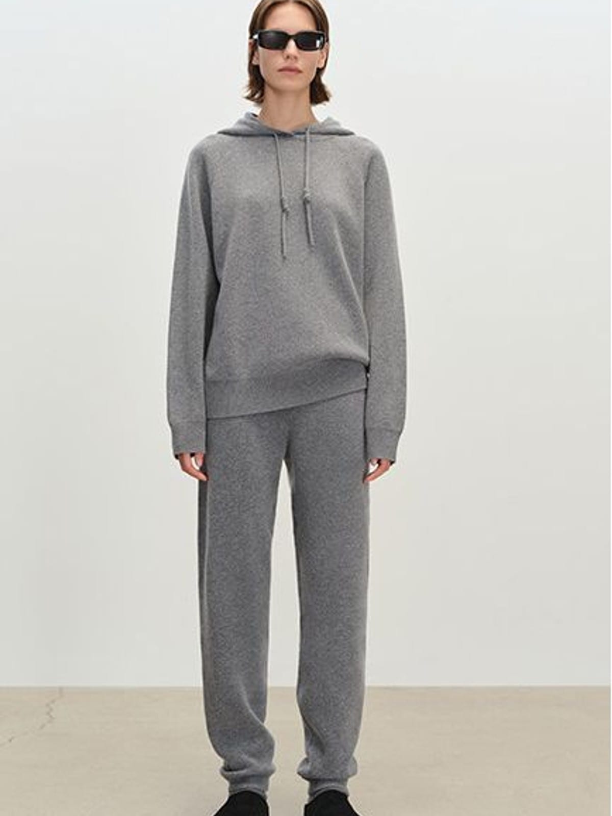 MSBEAST Pure Wool Waffle Knit Hoodie in Gray - On Female Model