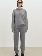 MSBEAST Pure Wool Waffle Knit Hoodie in Gray - On Female Model
