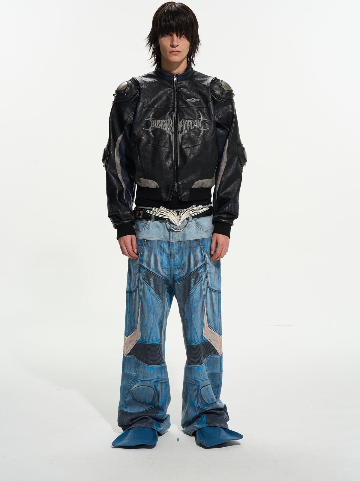 BLINDNOPLAN Cropped Paneled Faux Leather Moto Jacket in Black - On Male Model