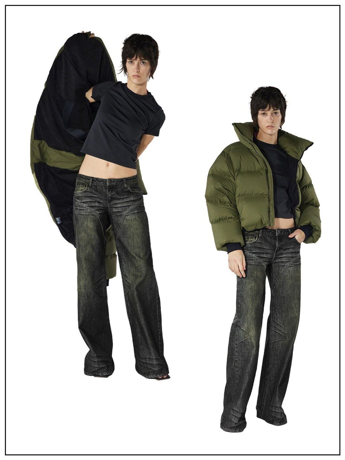 Fax copy express Curved Panel Dirty Wash Jeans in Gray - On Female Model