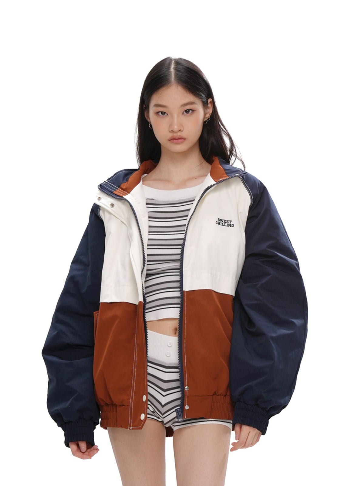 SweetChilling Color Block Quilted Jacket in Brown - On Female Model