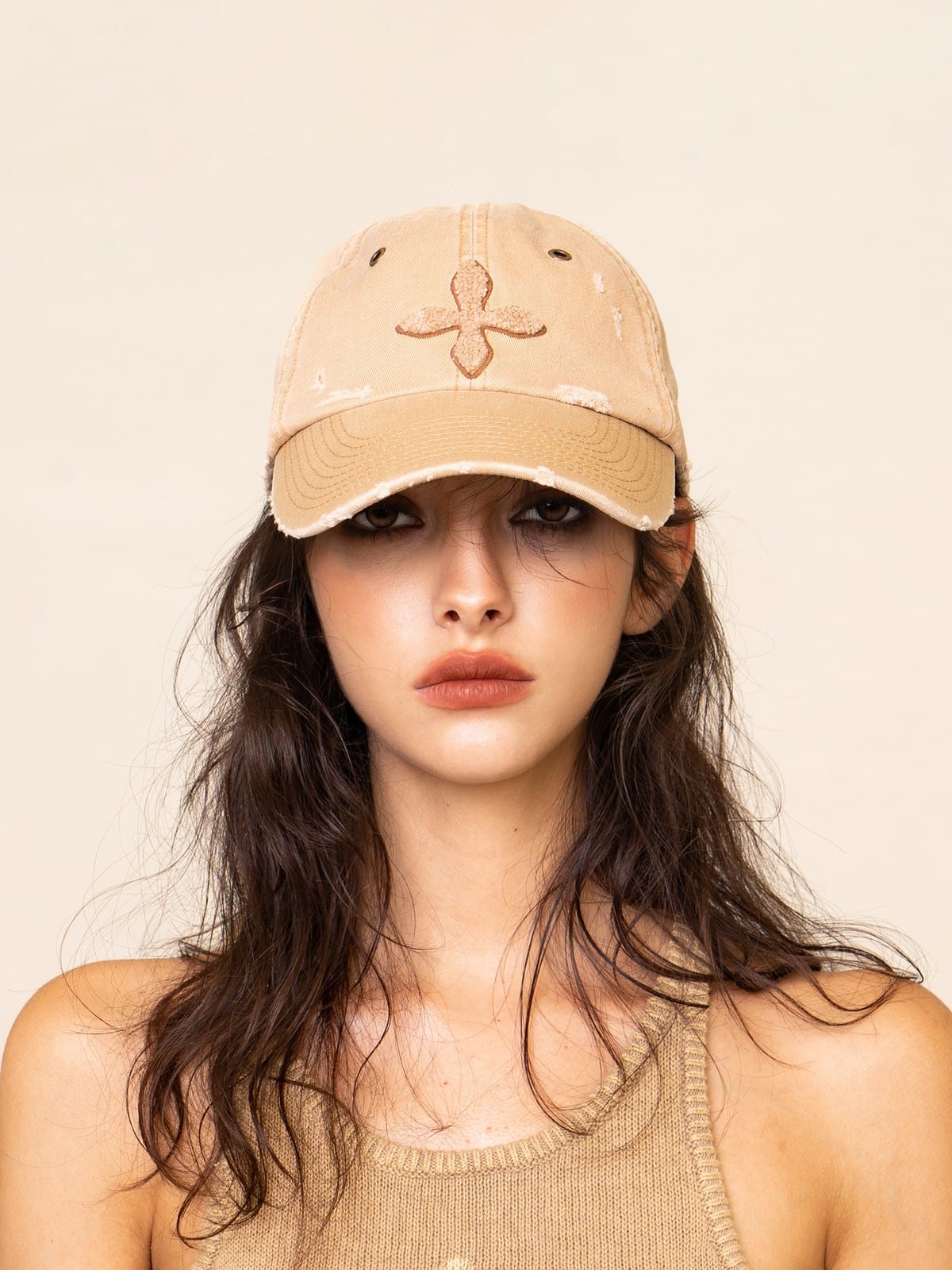 SMFK Distressed Cross Embroidered Baseball Cap in Beige - On Female Model