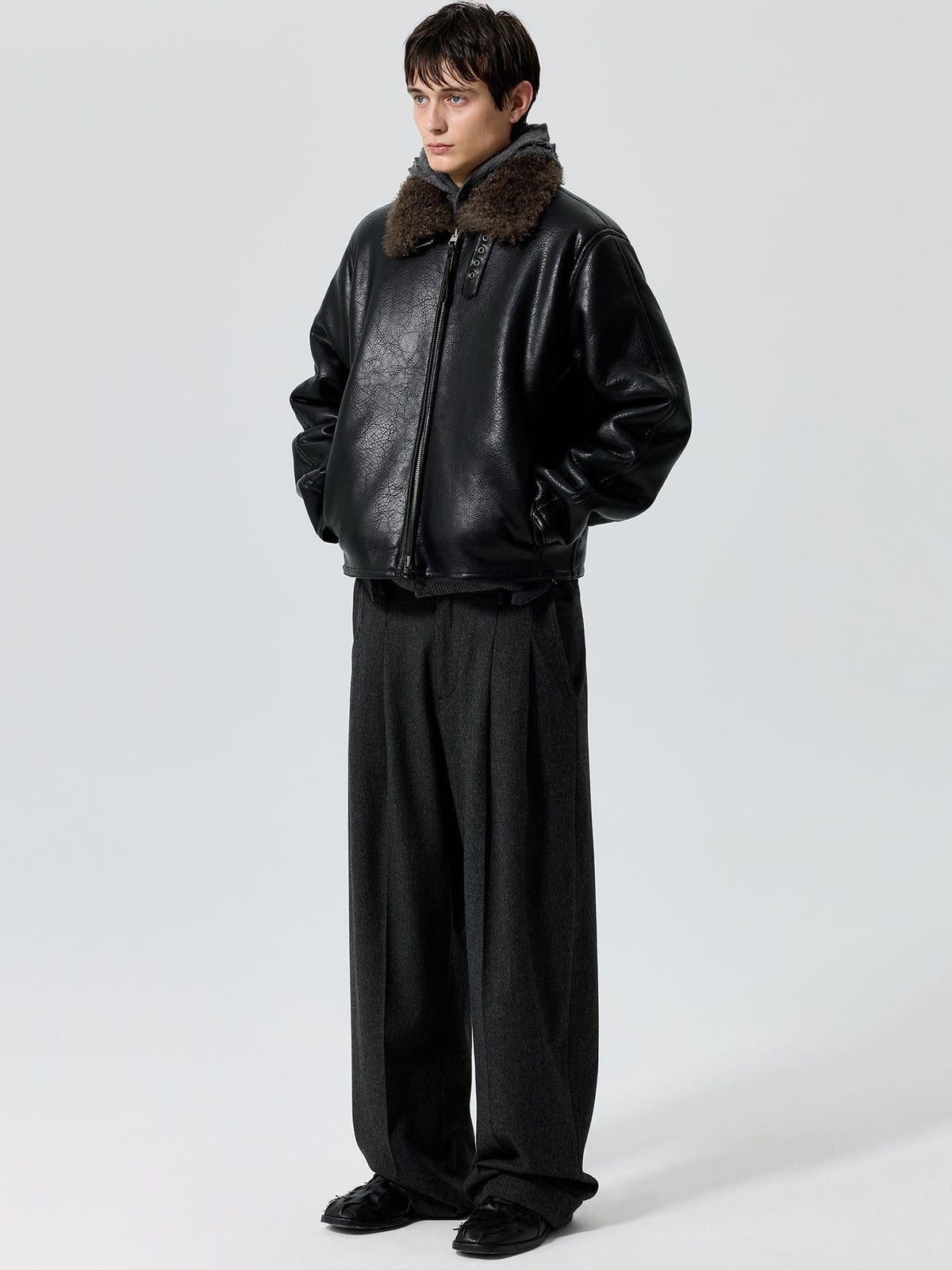 SIMPLE PROJECT Faux Leather Shearling Collar Jacket in Black - On Male Model