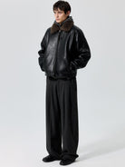 SIMPLE PROJECT Faux Leather Shearling Collar Jacket in Black - On Male Model