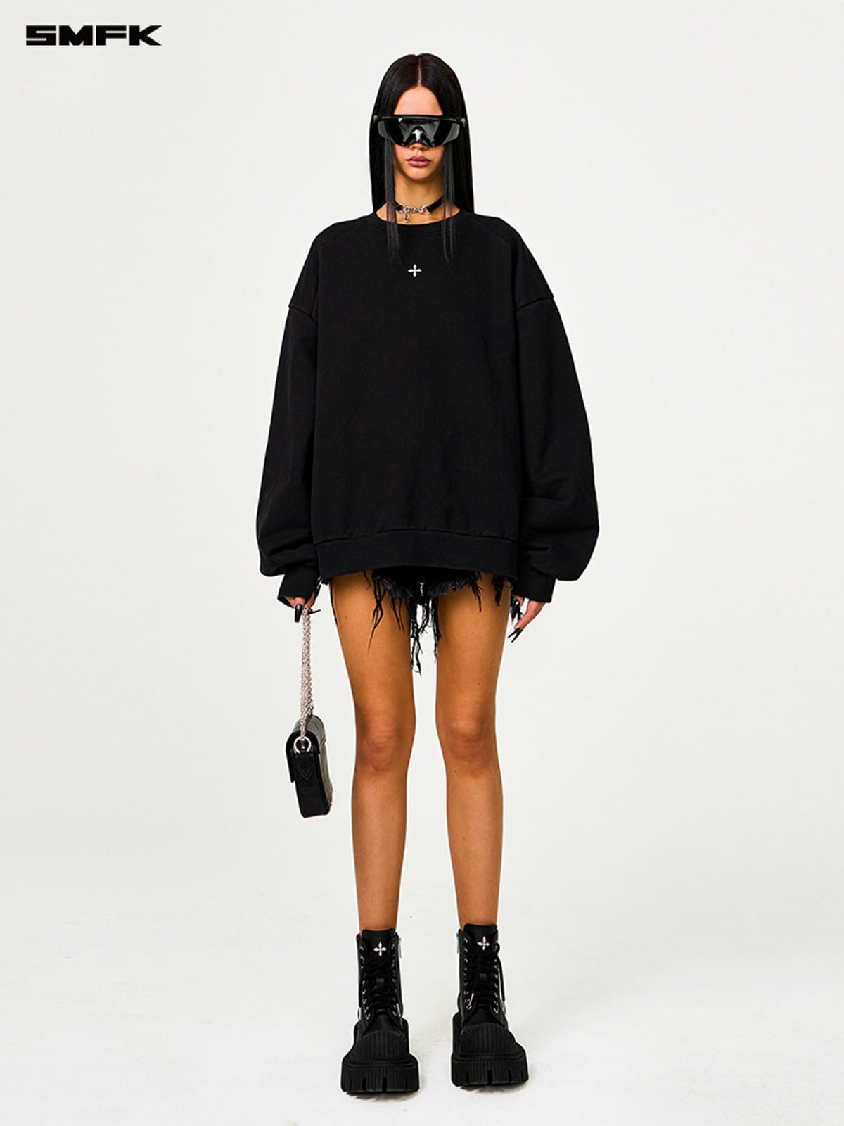 SMFK Cotton Loopback Crewneck Sweatshirt in Black - On Female Model
