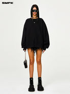 SMFK Cotton Loopback Crewneck Sweatshirt in Black - On Female Model